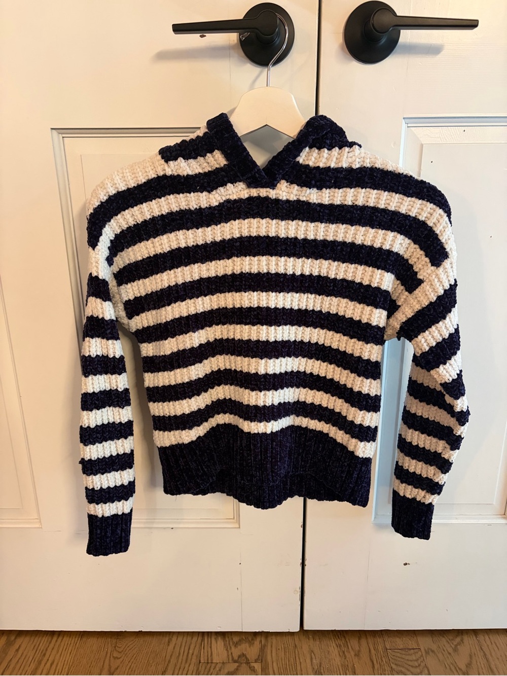 Justice Navy and Cream Striped Knit Hoodie Sweater ♻️🪩